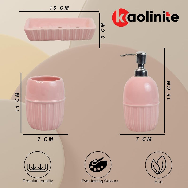 Kaolinite Ceramic Bathroom Accessories Set for Utility and Bathroom Decor Liquid Soap Dispenser soap Tray Toothbrush Holder Exclusive Bathroom Set Pink - Image 3