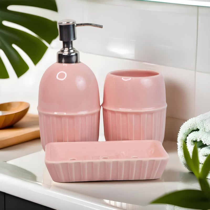 Kaolinite Ceramic Bathroom Accessories Set for Utility and Bathroom Decor Liquid Soap Dispenser soap Tray Toothbrush Holder Exclusive Bathroom Set Pink - Image 2