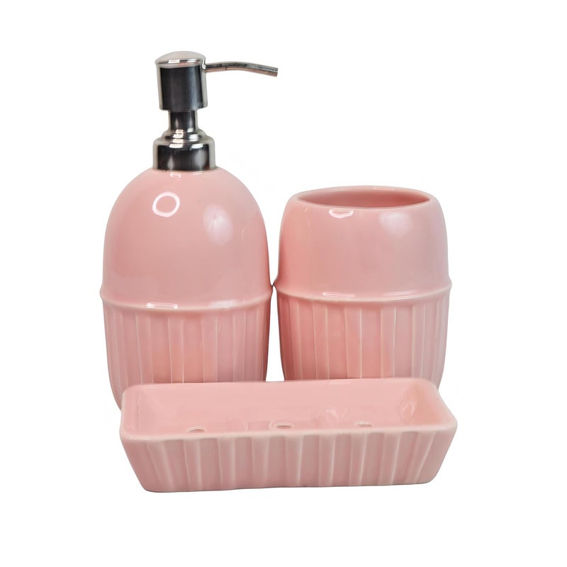 Kaolinite Ceramic Bathroom Accessories Set for Utility and Bathroom Decor Liquid Soap Dispenser soap Tray Toothbrush Holder Exclusive Bathroom Set Pink - Image 4