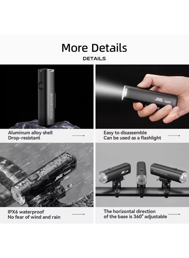 ROCKBROS Bicycle Light 1200LM 5000mAh Type-C Rechargeable Headlight Anti-glare Design IPX6 Flashlight Quick Release Bike Light - Image 2