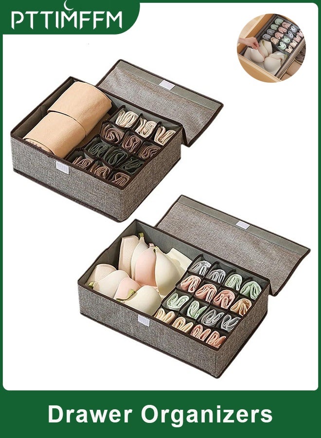 PTTIMFFM 2-Pack Foldable Drawer Organizer with Lid, Fabric Storage Boxes for Socks, Underwear, Ties, Closet Divider for Cabinet & Wardrobe - Image 1