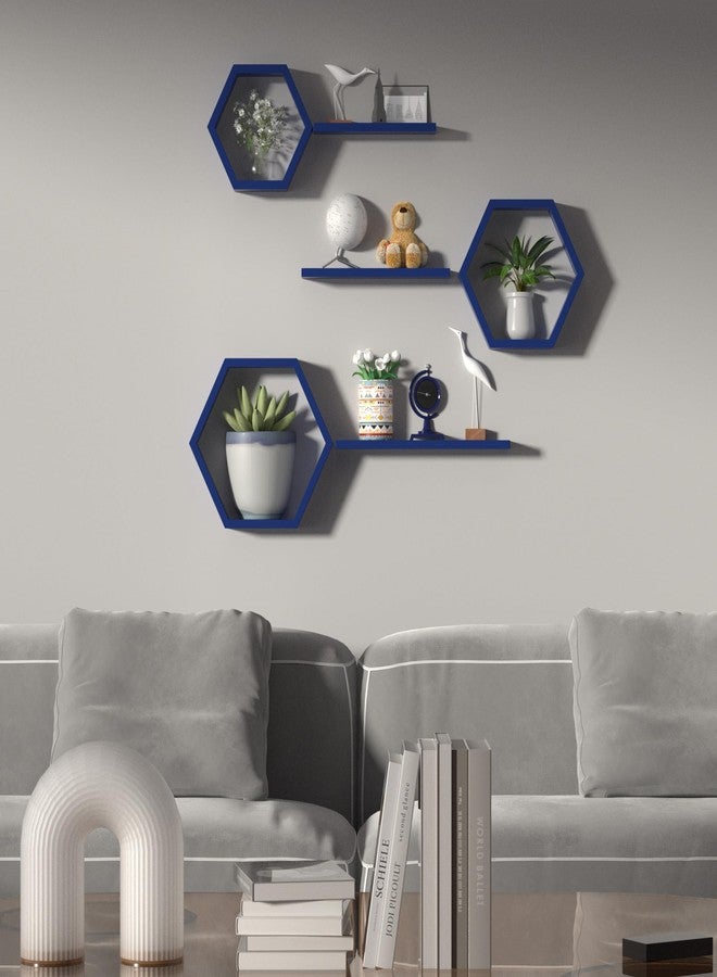 Ecowillon أرفف سداسية عائمة بتصميم خلية نحل هندسي - أرفف سداسية عائمة مثبتة على الحائط، مجموعة أرفف جدارية بتصميم خلية نحل مكونة من 6 قطع، أرفف عائمة هندسية لتزيين الجدران، أرفف بتصميم خلية نحل باللون الأزرق الداكن للمنزل - Image 3