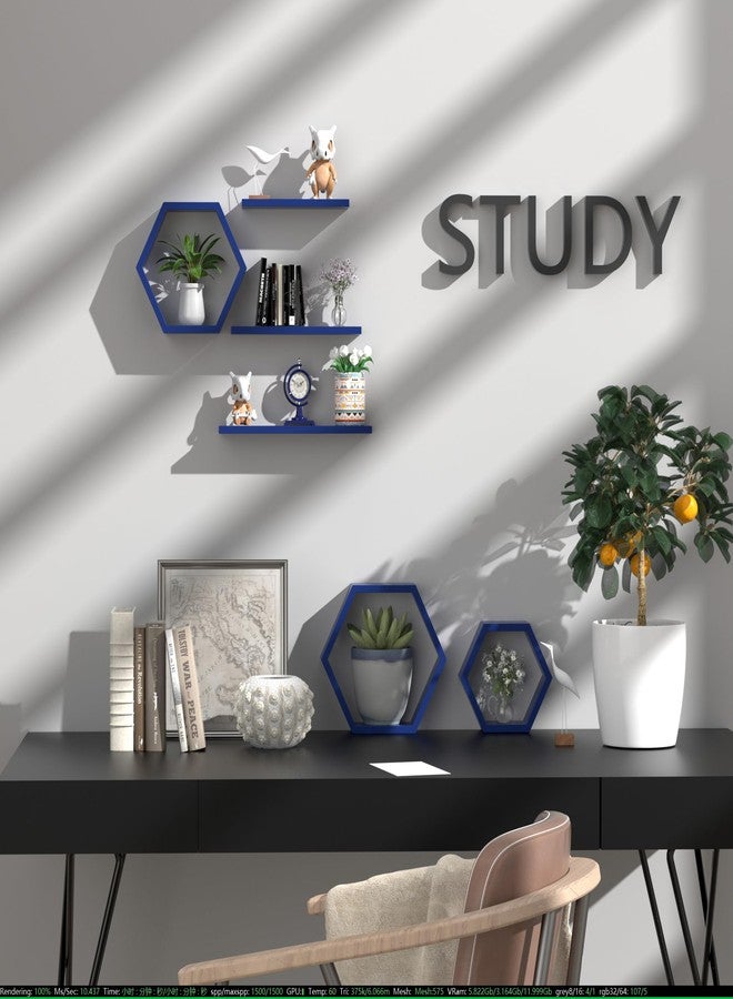 Ecowillon أرفف سداسية عائمة بتصميم خلية نحل هندسي - أرفف سداسية عائمة مثبتة على الحائط، مجموعة أرفف جدارية بتصميم خلية نحل مكونة من 6 قطع، أرفف عائمة هندسية لتزيين الجدران، أرفف بتصميم خلية نحل باللون الأزرق الداكن للمنزل - Image 5