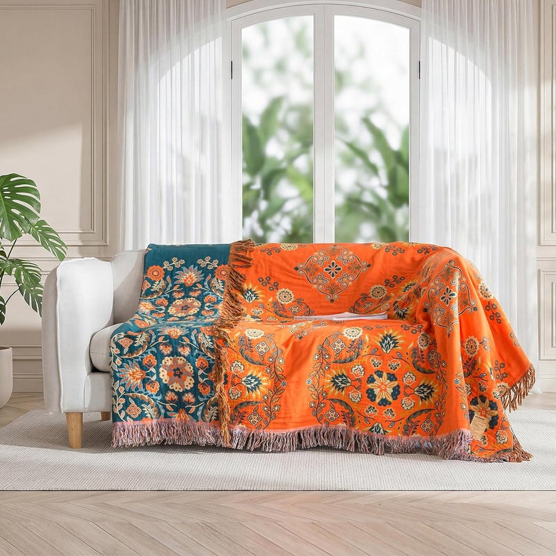 LUTBM Boho Throw Blanket for Bed - 100% Cotton Ultra Soft Rustic Quilt - Floral Printed Farmhouse Decor Bed Summer Blankets,60"×80" All Season Rustic Large Throw for Sofa Couch Chair - Image 5