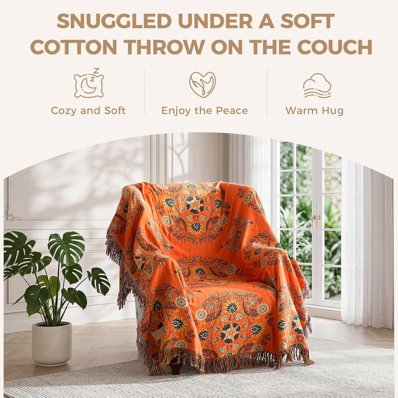 LUTBM Boho Throw Blanket for Bed - 100% Cotton Ultra Soft Rustic Quilt - Floral Printed Farmhouse Decor Bed Summer Blankets,60"×80" All Season Rustic Large Throw for Sofa Couch Chair - Image 4