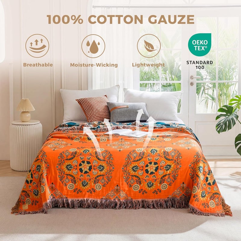LUTBM Boho Throw Blanket for Bed - 100% Cotton Ultra Soft Rustic Quilt - Floral Printed Farmhouse Decor Bed Summer Blankets,60"×80" All Season Rustic Large Throw for Sofa Couch Chair - Image 2
