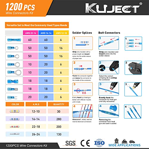 Kuject 1200PCS Heat Shrink Wire Connectors, Multipurpose Waterproof Electrical Wire Terminals kit, Insulated Crimp Ring Fork Spade Terminal Solder Butt Splice Connectors for Marine Boat Truck - Image 2