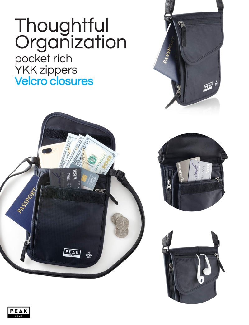 Peak Gear محفظة الرقبة RFID من Peak Gear - الحقيبة الأصلية للسفر مع حزام كتف قابل للتعديل + حماية من السرقة وخدمة المفقودات | أسود - Image 4