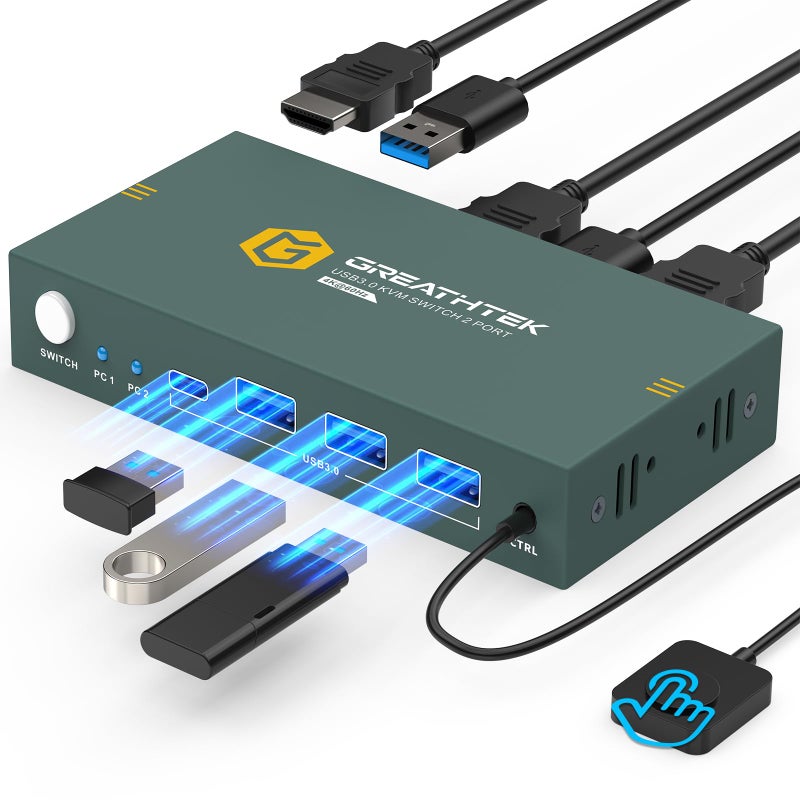 GREATHTEK USB3.0 KVM Switch 2 Port HDMI, 4K@60Hz KVM Switch 1 Monitors 2 Computers with 3 USB3.0 Ports, HDMI KVM Switches for 2 PCs Share 1 Monitors and USB Devices, Support Button Switch, EDID - Image 1