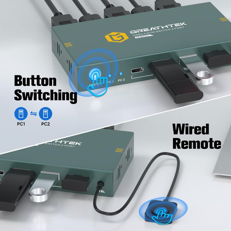 GREATHTEK USB3.0 KVM Switch 2 Port HDMI, 4K@60Hz KVM Switch 1 Monitors 2 Computers with 3 USB3.0 Ports, HDMI KVM Switches for 2 PCs Share 1 Monitors and USB Devices, Support Button Switch, EDID - Image 5
