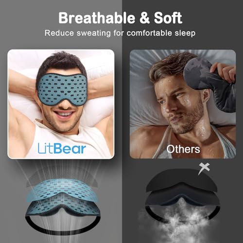 LitBear Breathable Sleep Mask, 3D Eye Mak Sleep for Side Sleepers Women Men, Light Blocking Sleeping Mask with Adjustable Strap, Soft Lightweight Eye Cover for Travel, Night Work, Nap -Ice Blue - Image 2