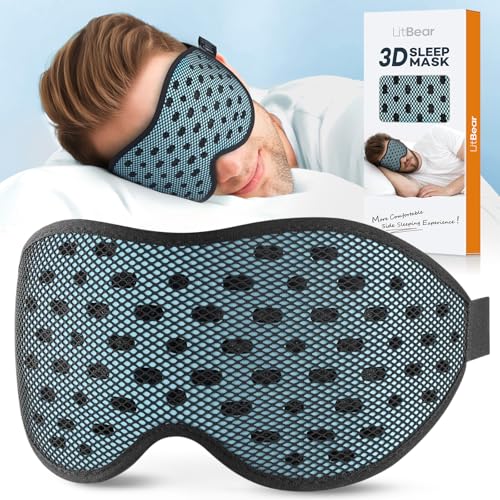 LitBear Breathable Sleep Mask, 3D Eye Mak Sleep for Side Sleepers Women Men, Light Blocking Sleeping Mask with Adjustable Strap, Soft Lightweight Eye Cover for Travel, Night Work, Nap -Ice Blue - Image 1