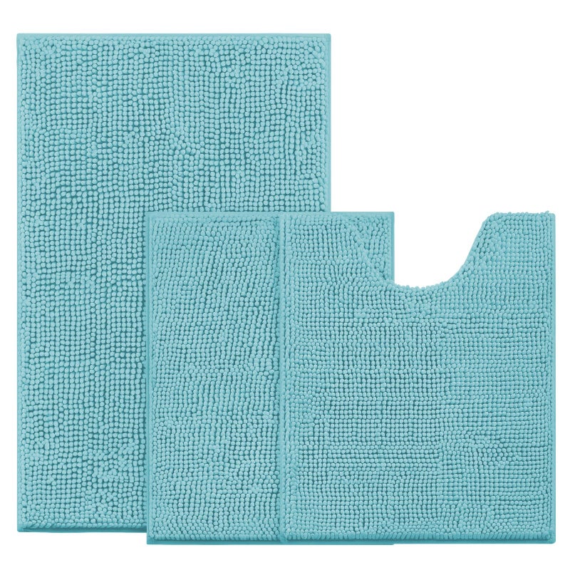 BYSURE Aqua Blue Bathroom Rugs Sets 3 Piece Non Slip Extra Absorbent Plush Chenille Soft Washable Bath Mats
