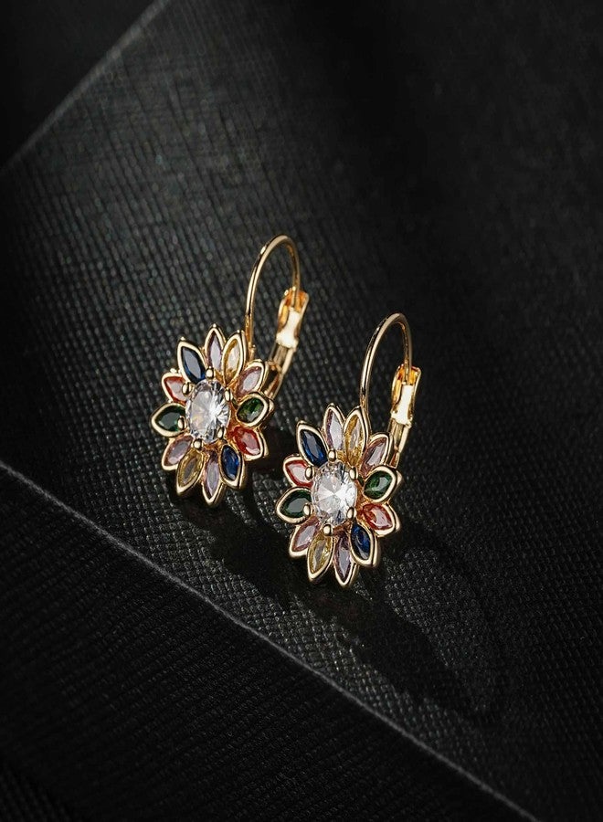 EVEVIC Austrian Crystal Flower Drop Leverback Earrings for Women Fashion 14K Gold Plated Hypoallergenic Jewelry (Colorful Main Crystal) - Image 3
