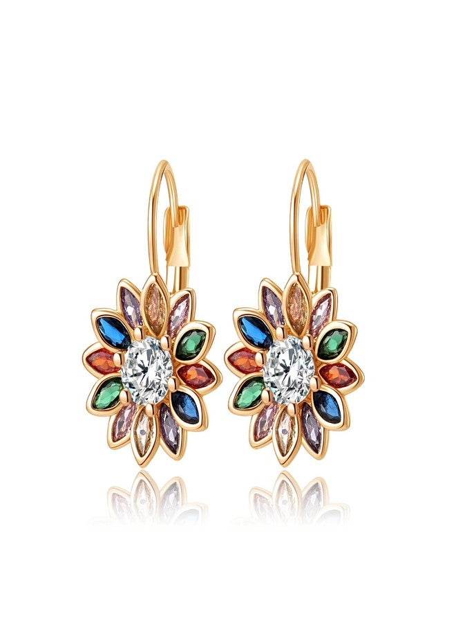 EVEVIC Austrian Crystal Flower Drop Leverback Earrings for Women Fashion 14K Gold Plated Hypoallergenic Jewelry (Colorful Main Crystal) - Image 1