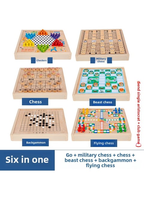 Ten-in-one Multi-functional Game Chess Checkers Flying Chess Backgammon Beasts Chess Children's Educational Wooden Toys For Students-Specifications:Chess Box Six In One (jump + Army + Elephant + Bucket + Fly + Five)