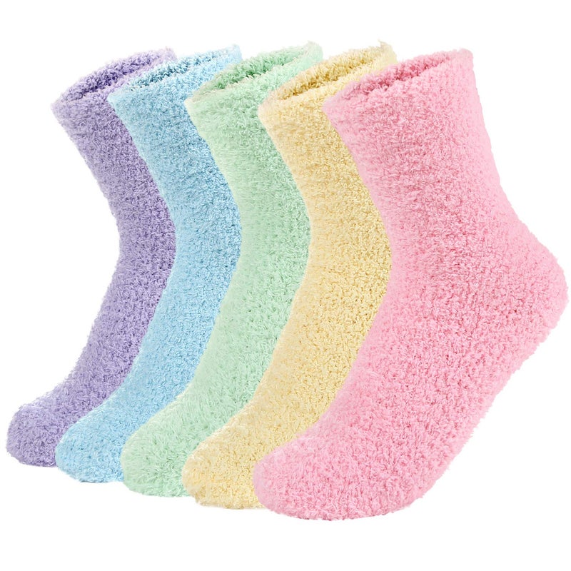 Zando Women's Winter Fuzzy Warm Crew Sock Microfiber Cozy Sleeping Plush Socks Thick Fluffy Slipper Sock Casual Super Soft Home Sock 5 Pairs Rainbow Solid One Size - Image 1