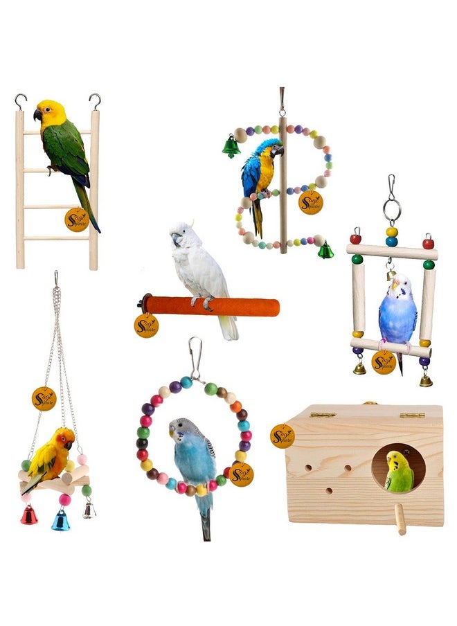 Sage Square Wooden Bird Toys Combo | Ladder, Breeding Box, Sand Perch, Swing, Hanging Cage Accessory | For Budgie, Parrot, Cockatiel, Parakeet, Conure, Macaw Etc  - Image 1