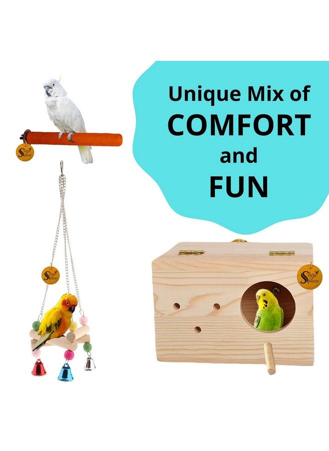Sage Square Wooden Bird Toys Combo | Ladder, Breeding Box, Sand Perch, Swing, Hanging Cage Accessory | For Budgie, Parrot, Cockatiel, Parakeet, Conure, Macaw Etc  - Image 5