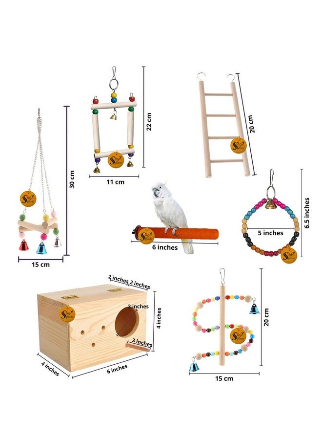 Sage Square Wooden Bird Toys Combo | Ladder, Breeding Box, Sand Perch, Swing, Hanging Cage Accessory | For Budgie, Parrot, Cockatiel, Parakeet, Conure, Macaw Etc  - Image 2