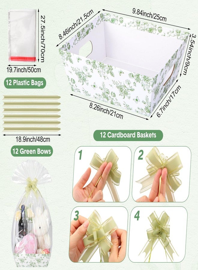 ForraFun 12 Pcs Sage Green Flower Baskets for Gifts Empty with Plastic Bag Ribbon Bow 8x10'' Cardboard Gift Wrapping Basket with Handle to Fill for Spring Summer Wedding Bridal Birthday Party Supply - Image 2