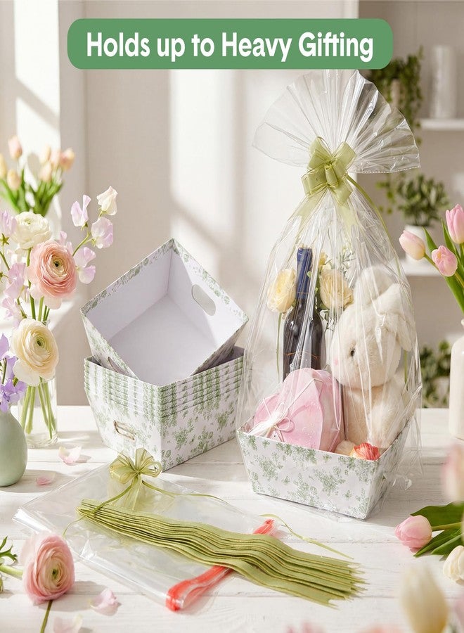 ForraFun 12 Pcs Sage Green Flower Baskets for Gifts Empty with Plastic Bag Ribbon Bow 8x10'' Cardboard Gift Wrapping Basket with Handle to Fill for Spring Summer Wedding Bridal Birthday Party Supply - Image 4