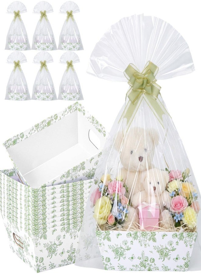 ForraFun 12 Pcs Sage Green Flower Baskets for Gifts Empty with Plastic Bag Ribbon Bow 8x10'' Cardboard Gift Wrapping Basket with Handle to Fill for Spring Summer Wedding Bridal Birthday Party Supply - Image 1