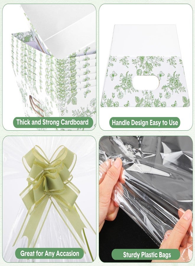 ForraFun 12 Pcs Sage Green Flower Baskets for Gifts Empty with Plastic Bag Ribbon Bow 8x10'' Cardboard Gift Wrapping Basket with Handle to Fill for Spring Summer Wedding Bridal Birthday Party Supply - Image 3