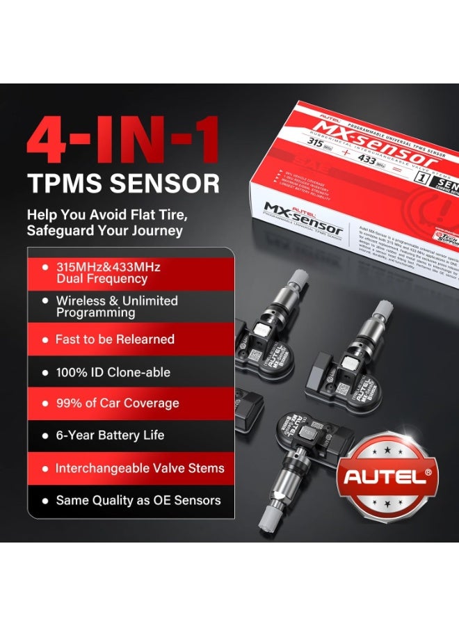 Autel مجموعة حساسات TPMS من أوتيل مكونة من 4، حساس MX، حساس ضغط الإطارات MaxiTPMS 2 في 1 (315MHz + 433MHz) حساس OE قابل للبرمجة بواسطة TS408S TS501Pro TS508WF TS608 ITS600 MP900TS MS906PRO-TS (صمام معدني) - Image 2