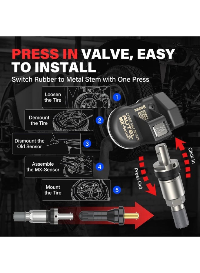Autel مجموعة حساسات TPMS من أوتيل مكونة من 4، حساس MX، حساس ضغط الإطارات MaxiTPMS 2 في 1 (315MHz + 433MHz) حساس OE قابل للبرمجة بواسطة TS408S TS501Pro TS508WF TS608 ITS600 MP900TS MS906PRO-TS (صمام معدني) - Image 5