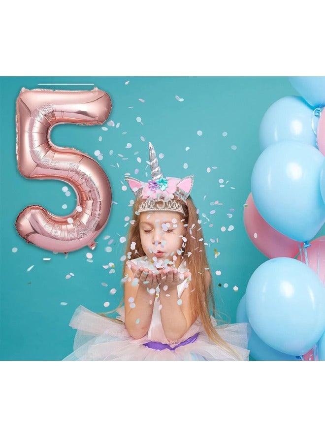 5th Birthday Decorations for Girls, Including 5 year old Birthday Cake Topper, Birthday Queen Sash with Pearl Pin, Sweet Rhinestone Tiara Crown, Number Candles and Balloons Set, Rose Gold - Image 5