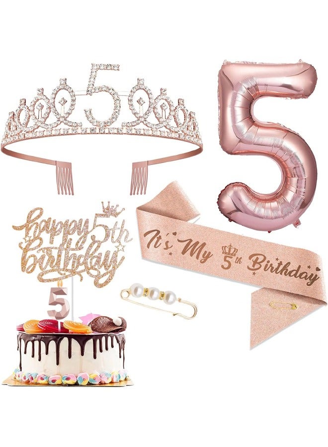 5th Birthday Decorations for Girls, Including 5 year old Birthday Cake Topper, Birthday Queen Sash with Pearl Pin, Sweet Rhinestone Tiara Crown, Number Candles and Balloons Set, Rose Gold - Image 1