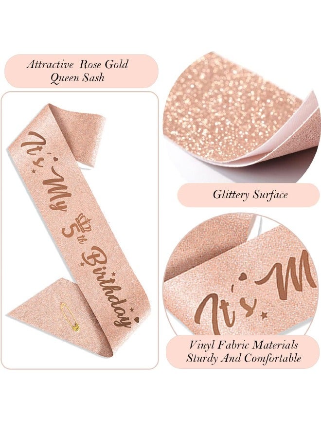 5th Birthday Decorations for Girls, Including 5 year old Birthday Cake Topper, Birthday Queen Sash with Pearl Pin, Sweet Rhinestone Tiara Crown, Number Candles and Balloons Set, Rose Gold - Image 4