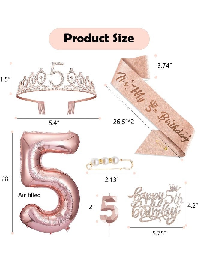 5th Birthday Decorations for Girls, Including 5 year old Birthday Cake Topper, Birthday Queen Sash with Pearl Pin, Sweet Rhinestone Tiara Crown, Number Candles and Balloons Set, Rose Gold - Image 2