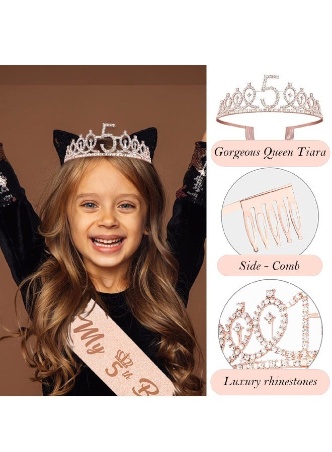 5th Birthday Decorations for Girls, Including 5 year old Birthday Cake Topper, Birthday Queen Sash with Pearl Pin, Sweet Rhinestone Tiara Crown, Number Candles and Balloons Set, Rose Gold - Image 3