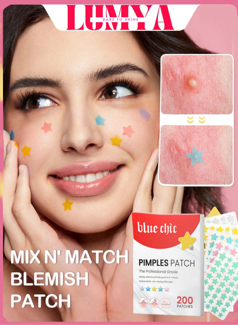 blue chic 200 Counts Star Shaped Acne Pimple Patch for Face Hydrocolloid Spot Stickers with Tea Tree and Salicylic Acid Colorful Pimple Covers in 5 Colors and 3 Sizes for All Skin Types - Image 1