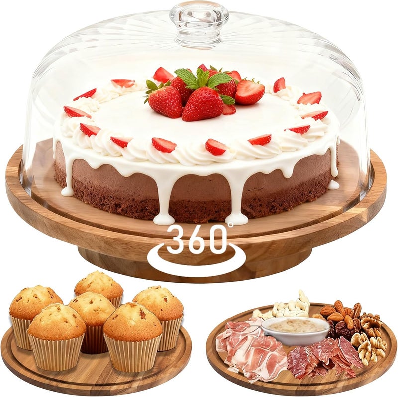 cutesun acacia wood cake stand with lid, 11.8'' Rotating Cake Stand with Dome, Shaterproof 10.4'' Acrylic Cake Display Cover, Cake Holder Tray for Wedding Gift，Kitchen,Birthday,Parties,Baking Gifts - Image 1