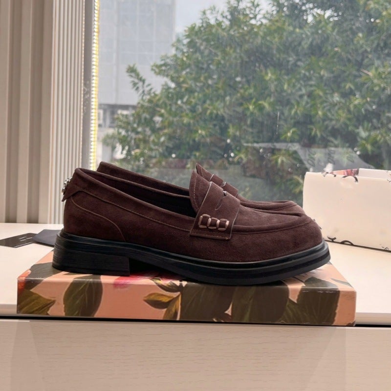 Light Luxury British Style Retro Suede Thick Bottom Small Leather Shoes Women'S 2024 Autumn New Slip-On Loafers Thick Heel Shoes - Image 1
