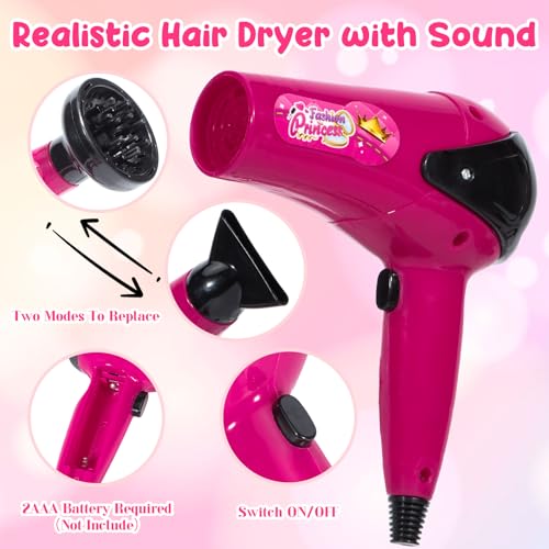 Mastom Hair Salon Toys for Girls, 36PCS Kids Pretend Play Makeup Sets, Dress Up Beauty Hair Stylist Toy Kit with Barber Apron, Hair Dryer, Curling Iron, Mirror, Scissors and Styling Accessories - Image 2