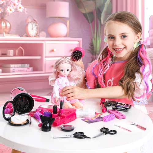 Mastom Hair Salon Toys for Girls, 36PCS Kids Pretend Play Makeup Sets, Dress Up Beauty Hair Stylist Toy Kit with Barber Apron, Hair Dryer, Curling Iron, Mirror, Scissors and Styling Accessories - Image 3