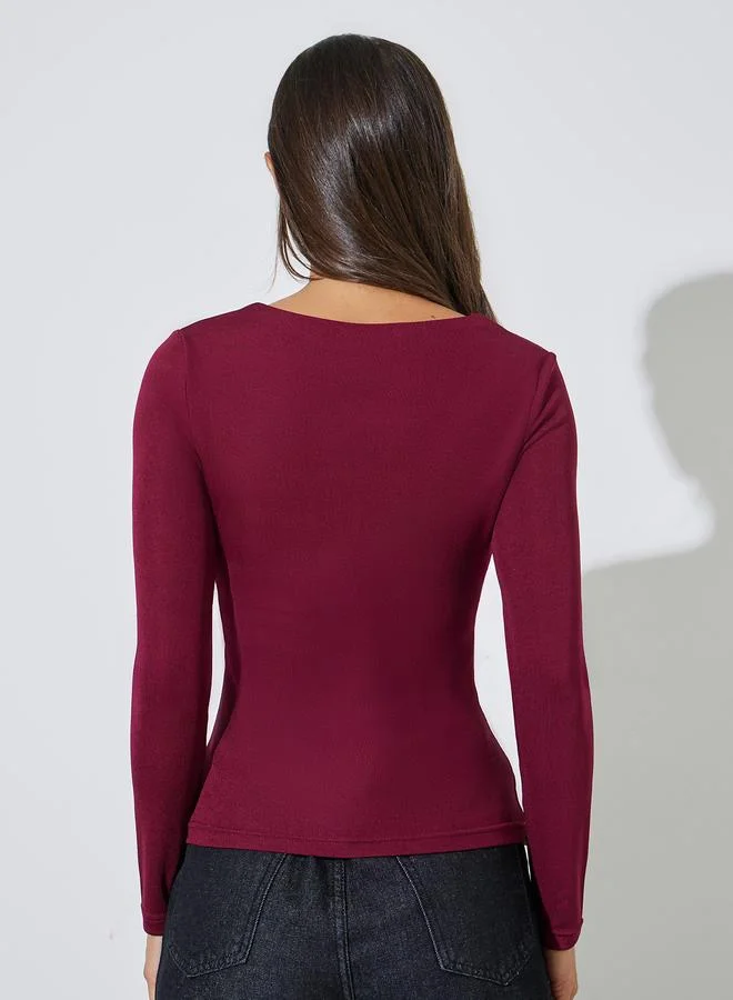 Styli  Burgundy Solid Square Neck Long Sleeves Knit Top for Women | Best Price UAE