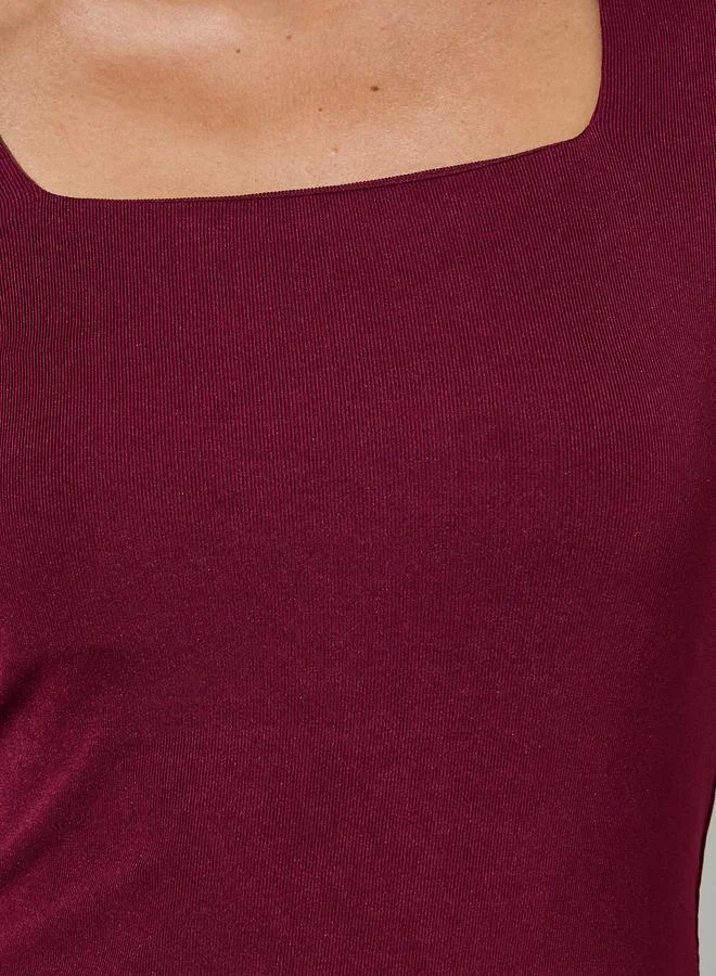 Styli  Burgundy Solid Square Neck Long Sleeves Knit Top for Women | Best Price UAE