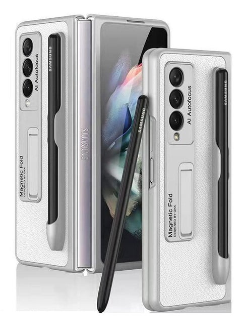 Phone Case for Samsung Galaxy Z Fold 3 Hinged Case with Built-In Magnetic Stand Pc Leather Case Full Wrap Shockproof Phone Case (Silver)