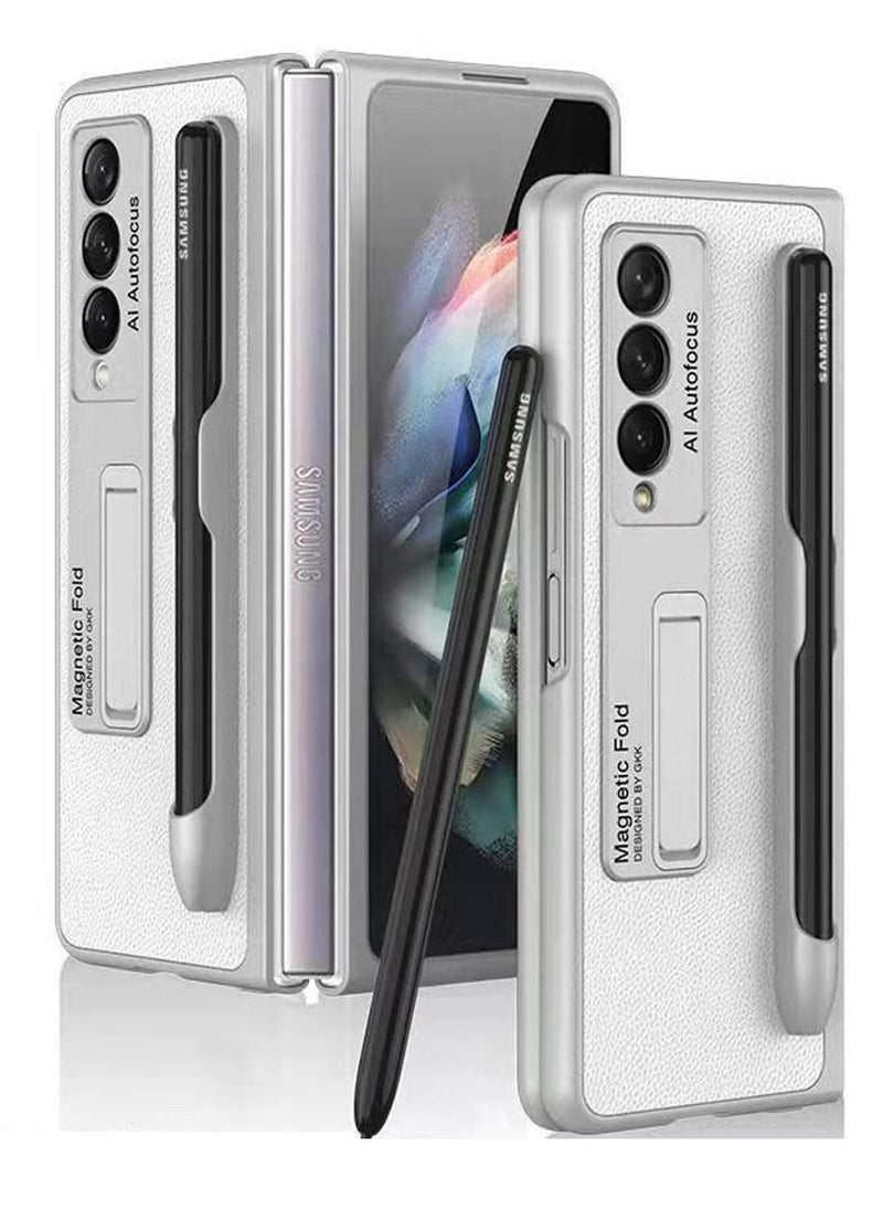 Captaintech Phone Case for Samsung Galaxy Z Fold 3 Hinged Case with Built-In Magnetic Stand Pc Leather Case Full Wrap Shockproof Phone Case (Silver)  - Image 1