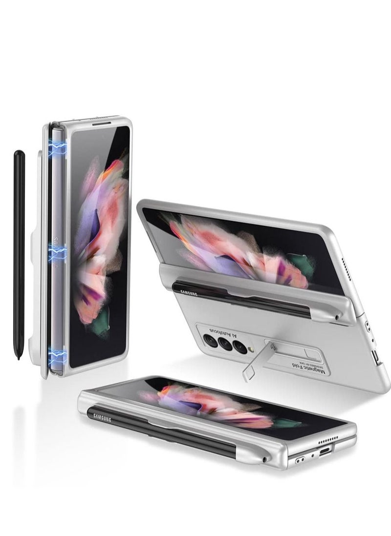 Captaintech Phone Case for Samsung Galaxy Z Fold 3 Hinged Case with Built-In Magnetic Stand Pc Leather Case Full Wrap Shockproof Phone Case (Silver)  - Image 2
