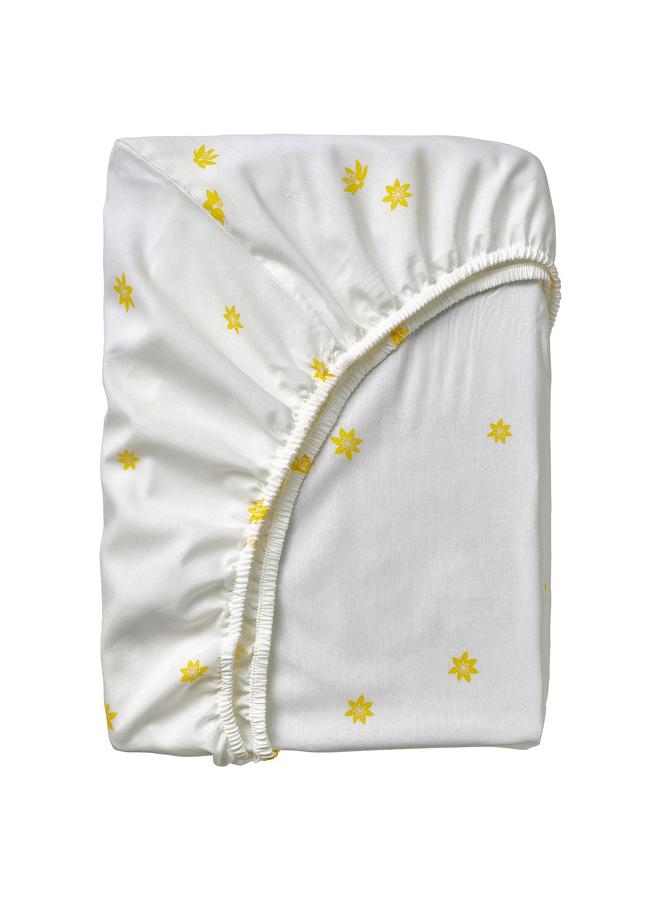 erorex Fitted sheet, white yellow/flower pattern, 90x200 cm - Image 1