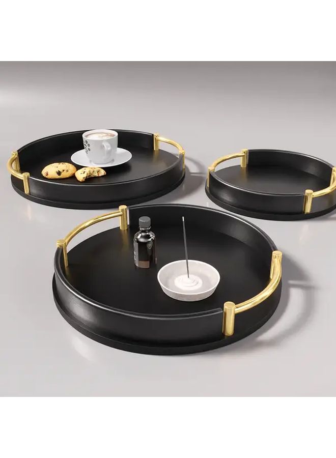 Bamboo Wood Round Tray Set with Metal Handles Black Stackable Entertaining Decorative Baskets and Storage Bins Available in 3 Sizes Large - Image 1