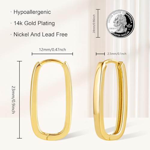 ALEXCRAFT 14K Gold Plated Sterling Silver Earrings Small Rectangle Hoop Earrings for Women Hypoallergenic Small Hoops Earring Gold Square Hoop Earing - Image 3