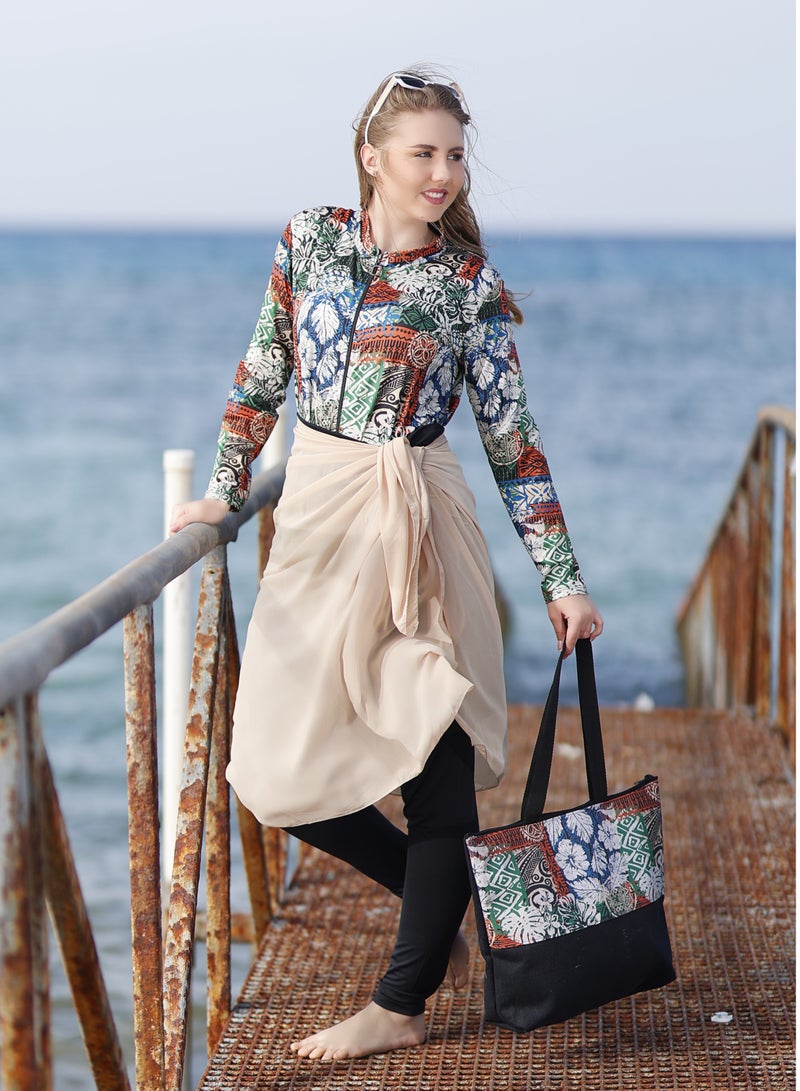 DAMAS COLLECTION 5-Piece Modest Burkini Set for Women – Full Coverage Water-Repellent Swimwear – Includes Skirt, Swim Cap, Hip Wrap and Tote Bag – Sun Protection Swimwear  - Image 3