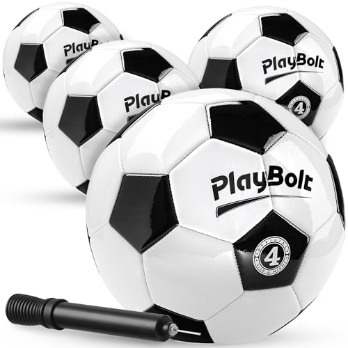 PlayBolt Soccer Ball Size 4 with Pump - Black & White Training Practice & Match Ball for Kids, Youth and Adults (Pack of 4) - Image 1